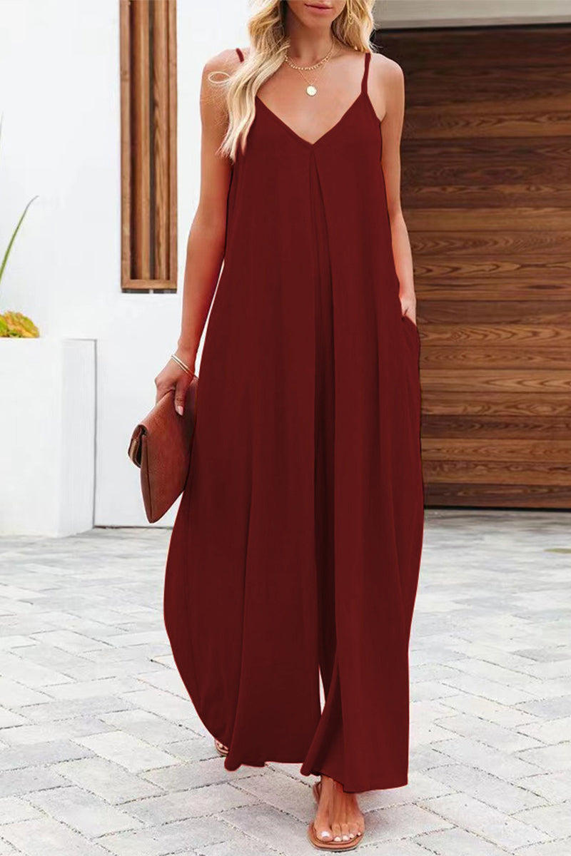 Casual Solid Solid Color V Neck Loose Jumpsuits