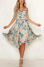 Cowl Neck Floral Print Drawstring Midi Dress