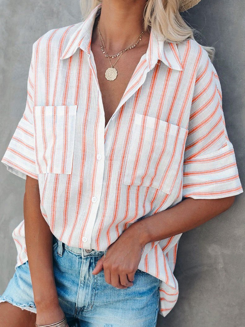 Single-breasted Loose Five-quarter Sleeves Striped Blouses