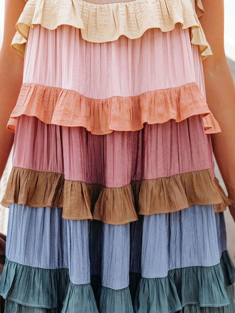 Women's Dresses Loose Strap Multicolor Ruffled Cake Midi Dress