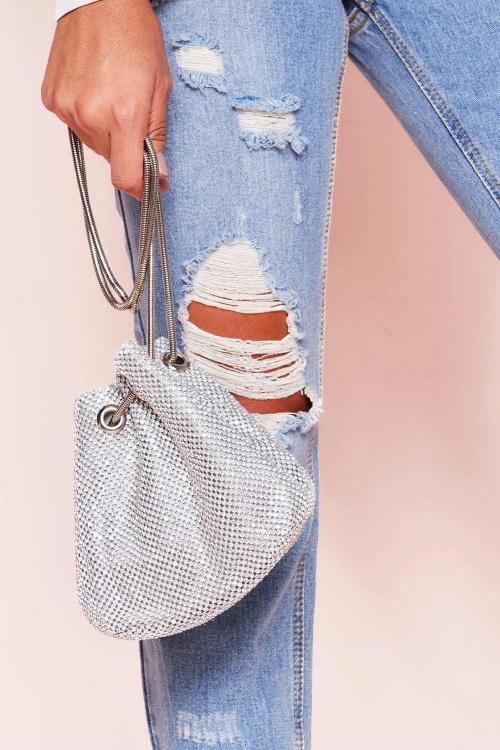 Diamante Detail Chain Bucket Bag