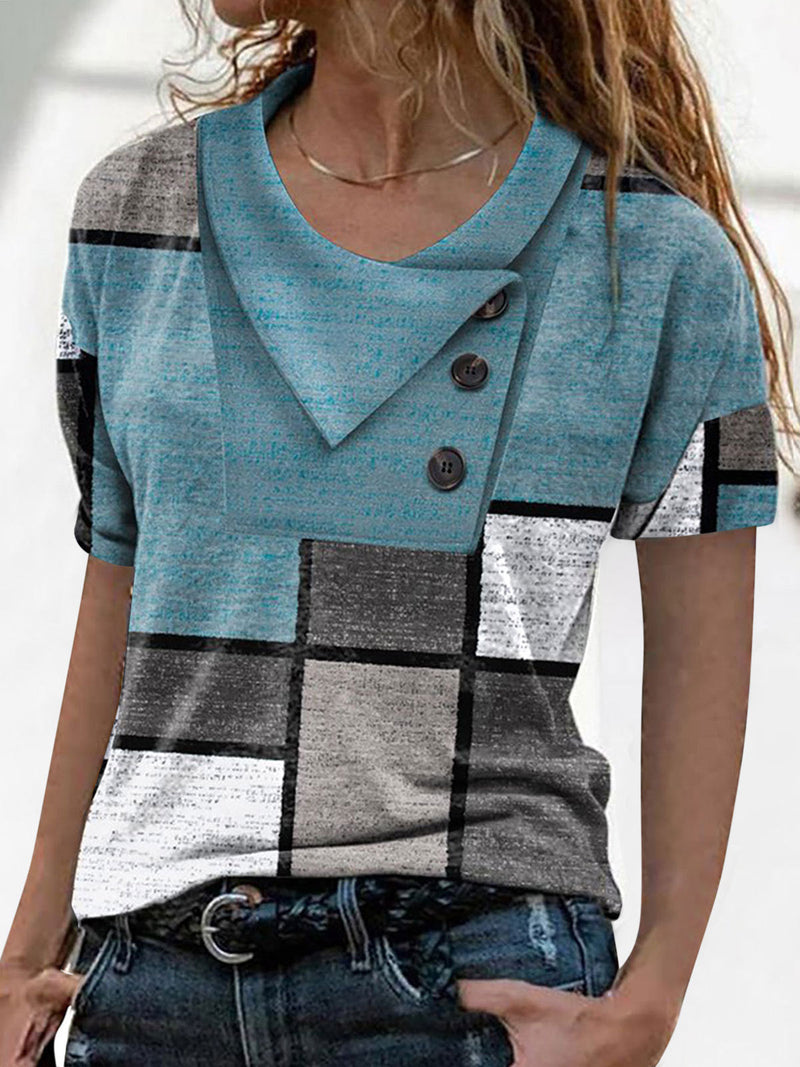 Women's T-Shirts Cross Neck Button Print Short Sleeve T-Shirt