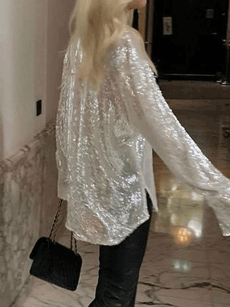 Women's Blouses Sparkling Sequin Long Sleeve Party Blouse