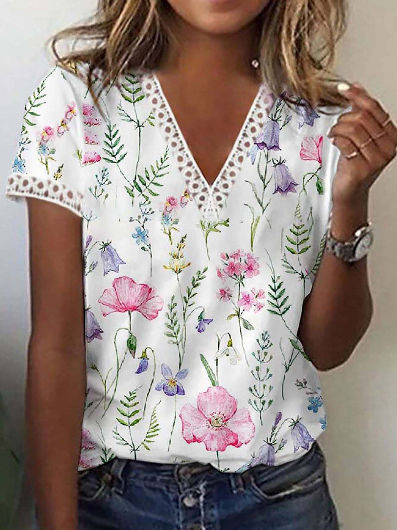 Women's T-Shirts Printed Lace V-Neck Short Sleeve T-Shirt