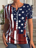 Women's T-Shirts Star Stripe Print Button Short Sleeve T-Shirt