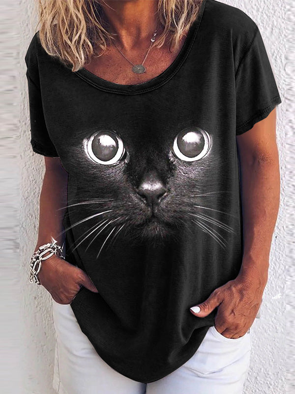 Women's T-Shirts Cat Print Crew Neck Short Sleeve T-Shirt