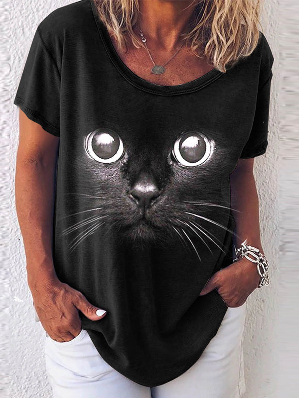 Women's T-Shirts Cat Print Crew Neck Short Sleeve T-Shirt