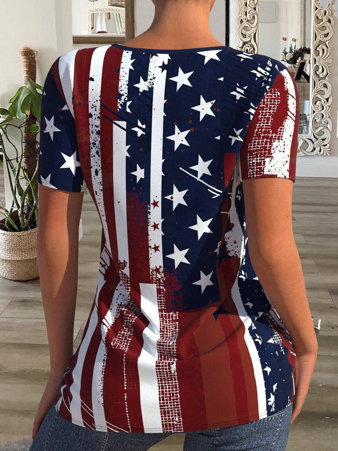 Women's T-Shirts Star Stripe Print Button Short Sleeve T-Shirt