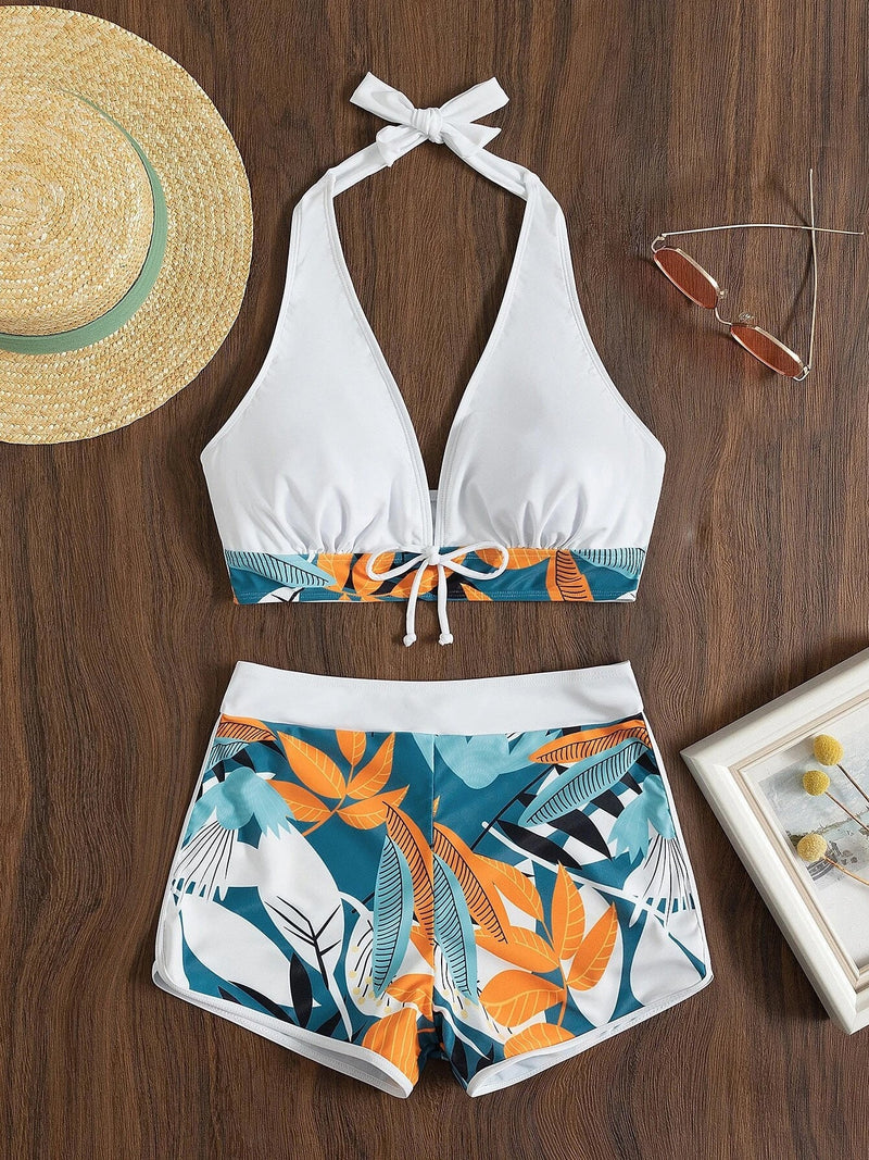 Women's Swimsuits Printed Panel Tie High Waist Two Piece Swimsuit