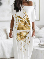Women's Dresses Gold Print Diagonal Neck Pocket Casual Dress