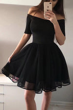 Off Shoulder A Line Black Mini Dress