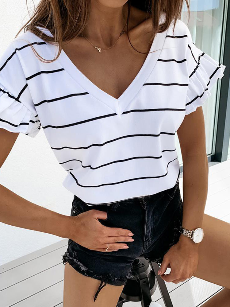 Women's T-Shirts Striped V-Neck Short Sleeve T-Shirt