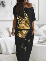 Women's Dresses Gold Print Diagonal Neck Pocket Casual Dress