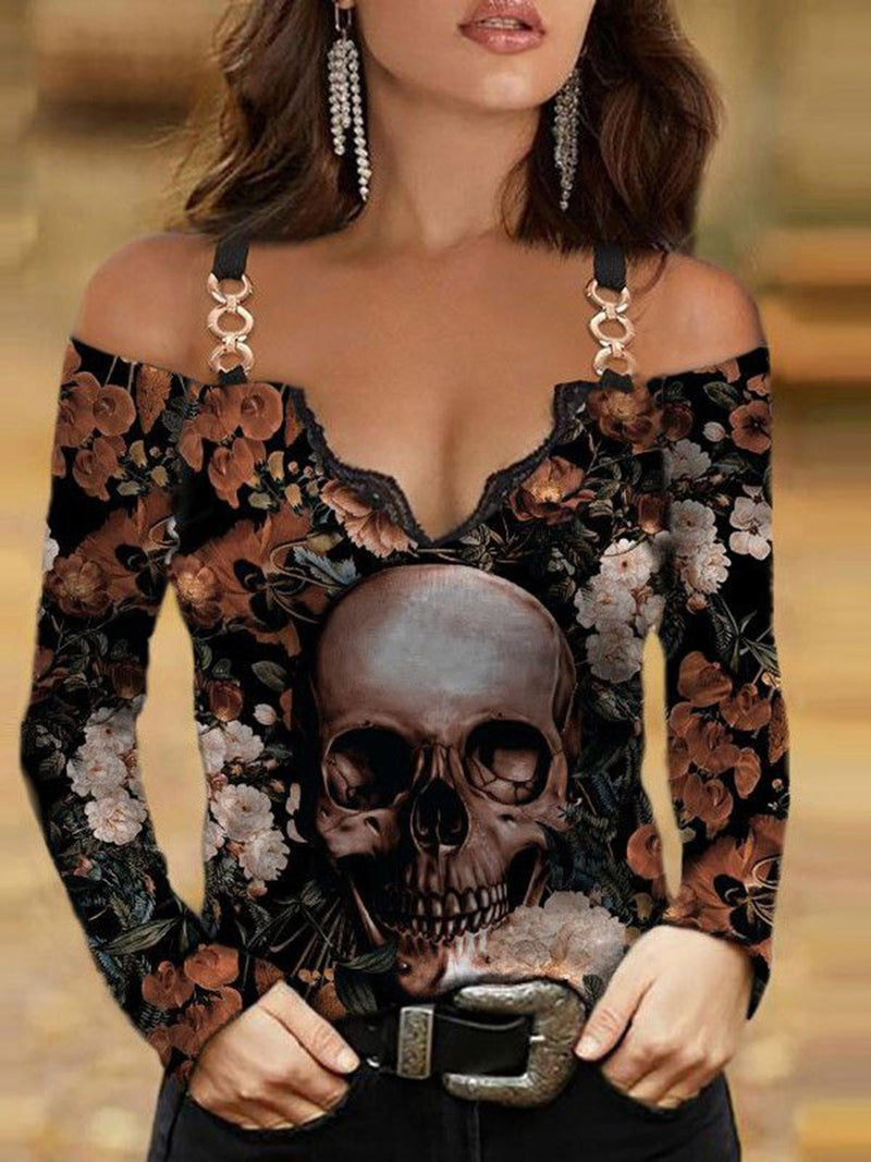 Women's T-Shirts Skull Print V-Neck Off Shoulder Lace Long Sleeve T-Shirt