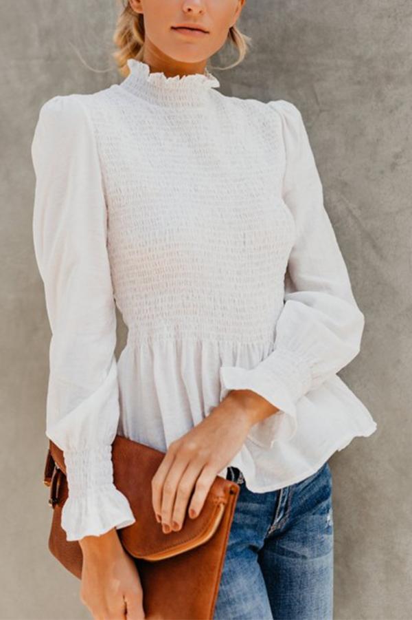 Ruffled Pleated High-neck Blouse