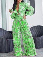 Women's Sets Printed Pleated Long Sleeve Shirt & Pants Two-Piece Set