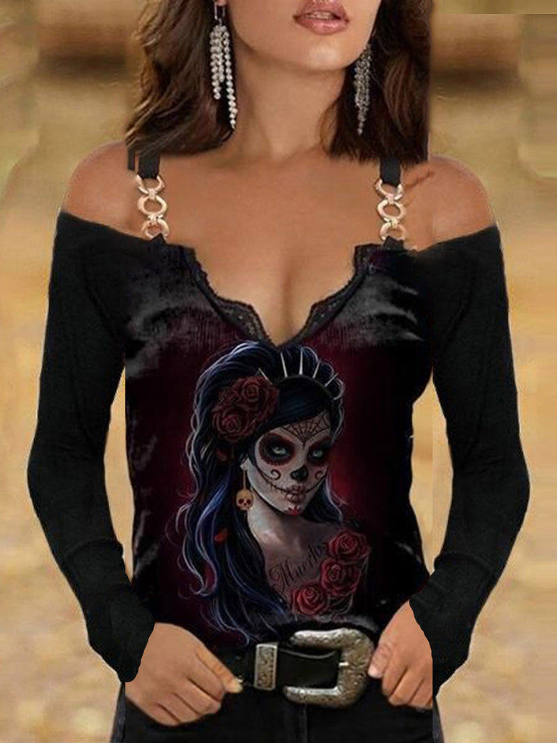 Women's T-Shirts Skull Print V-Neck Off Shoulder Lace Long Sleeve T-Shirt