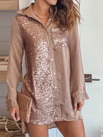 Women's Dresses Button Sequin Panel Long Sleeve Shirt Dress