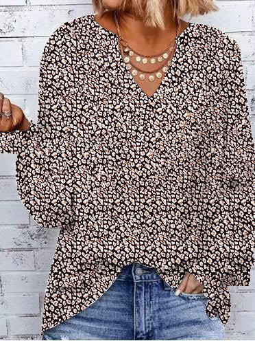 Women's Blouses Loose Print V-Neck Long Sleeve Blouse