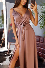 Solid Color Lace-up Waist Suspender Dress