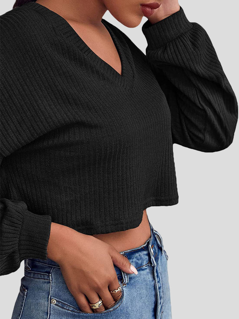 Women's T-Shirts Solid V-Neck Crop Long Sleeve Knit T-Shirt