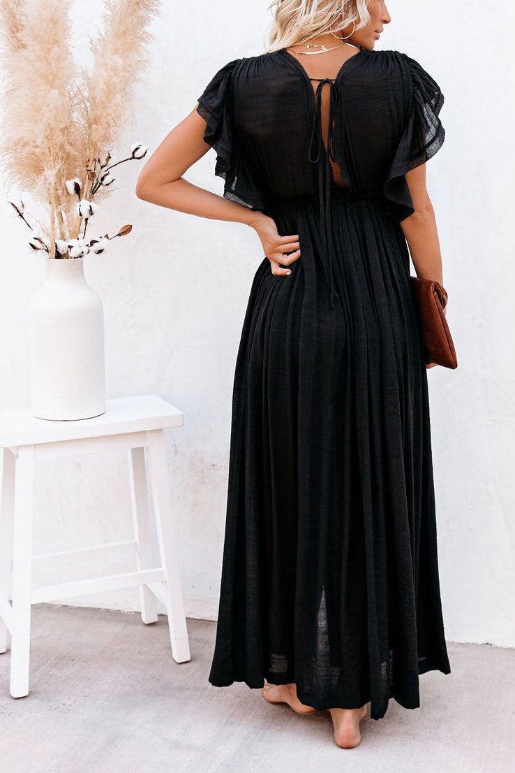 Solid Buttoned Waist Cord Maxi Dress