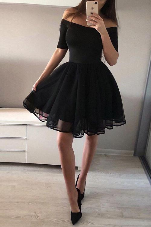Off Shoulder A Line Black Mini Dress