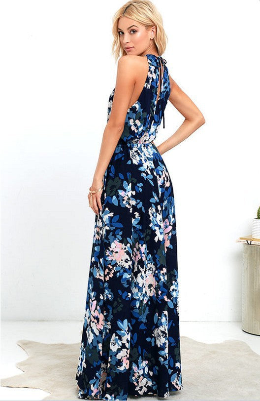 Fashion Sleeveless O-Neck Printed Split Maxi Dress
