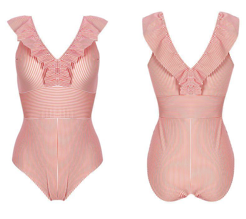 Florcoo Ruffled Striped One-Piece Swimsuit ( 3 Colors)