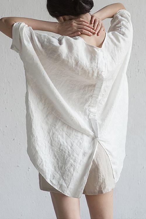 O Neck Slit Back Loose Linen Blouse