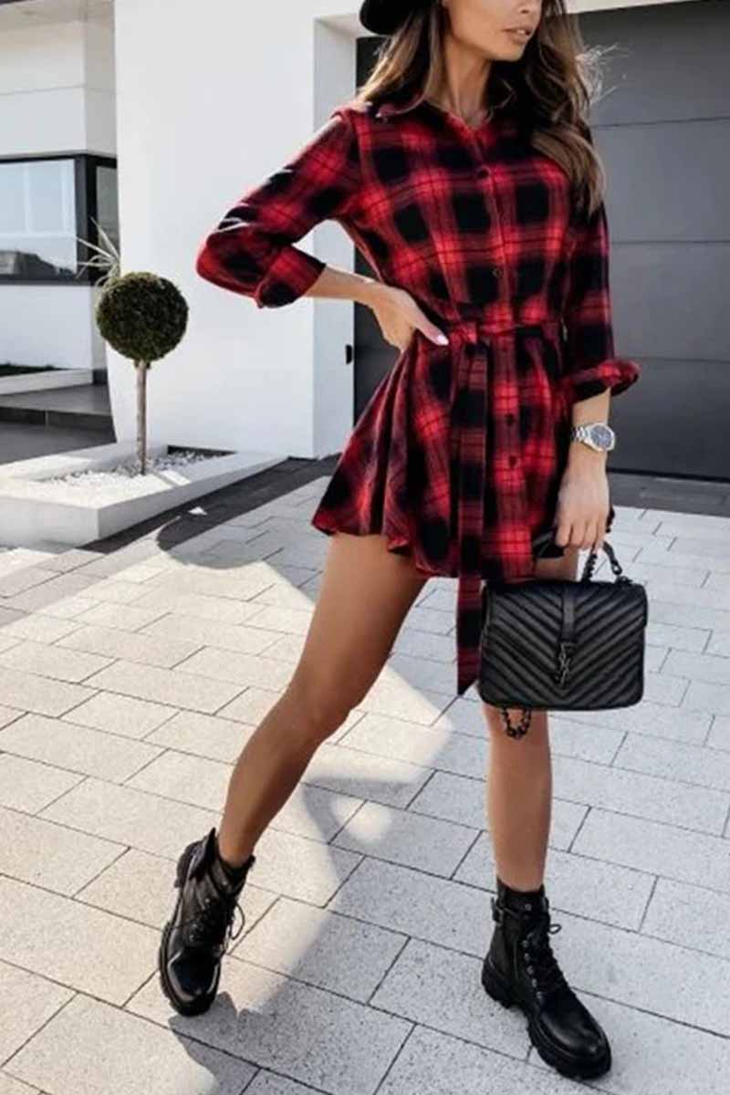 Florcoo Long Sleeve Plaid Shirt Mini Dress