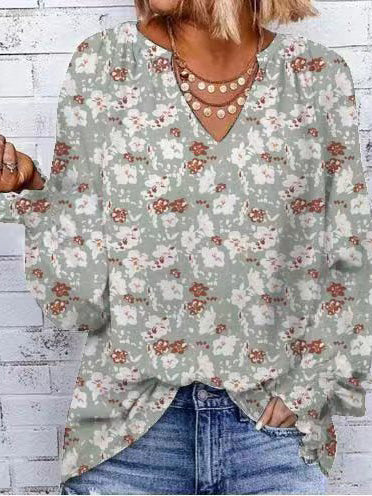 Women's Blouses Loose Print V-Neck Long Sleeve Blouse