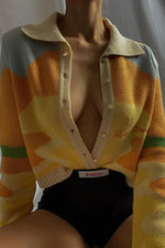 Color Block Turndown Collar Cardigan