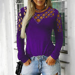 Casual Long Sleeve Round Neck Hollow Out Top Outwear