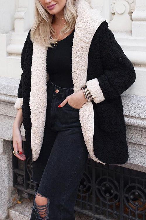 Hooded Open Front Lamb Wool Teddy Coat