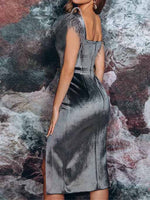 Square Fur Neck Solid Color Side Split Bodycon Maxi Dress