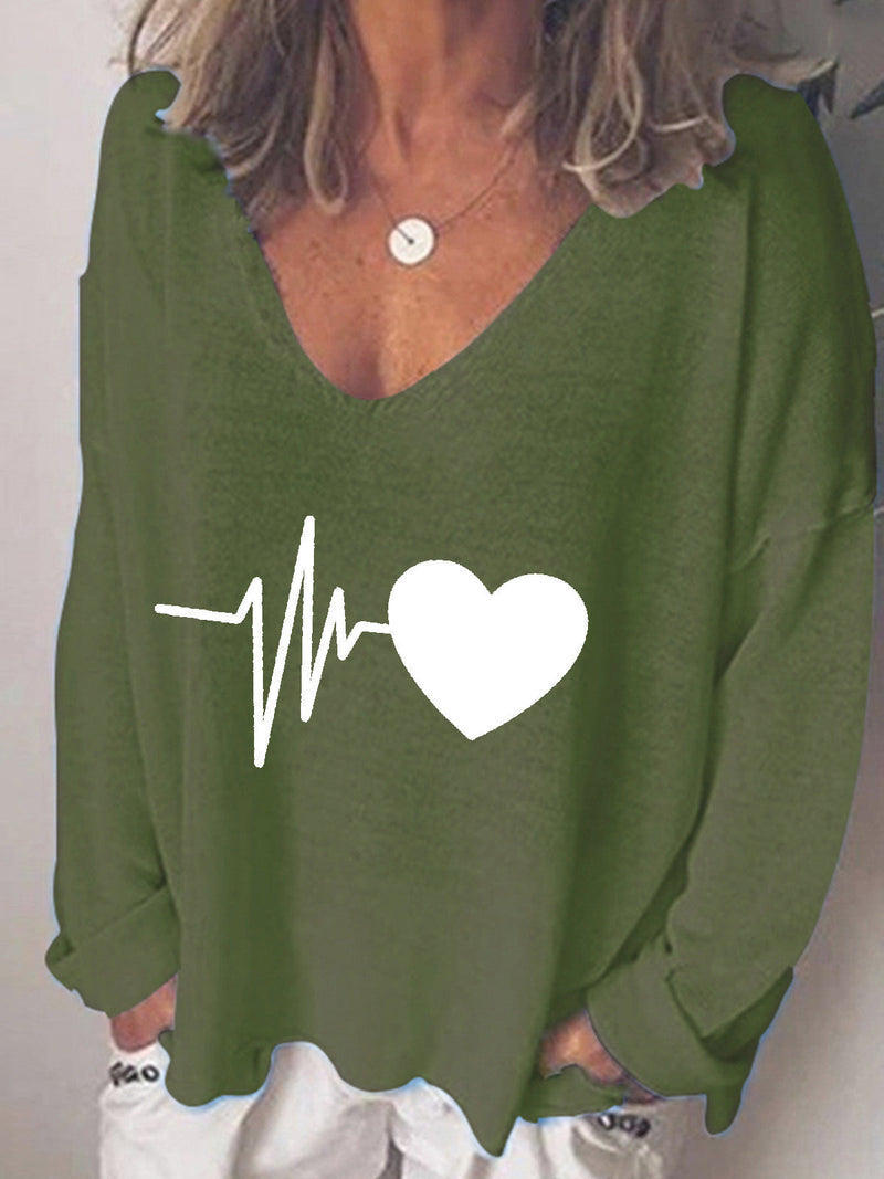 Women's T-Shirts Heartbeat Print V-Neck Long Sleeve T-Shirt