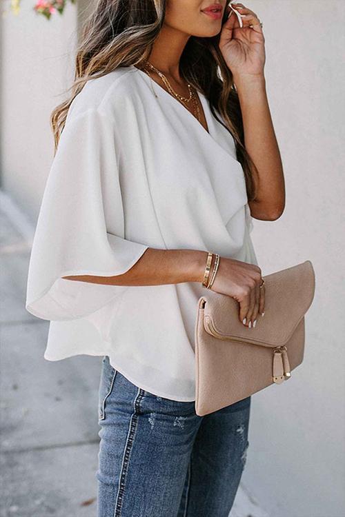 Drape V Neck Bell Sleeve Blouse