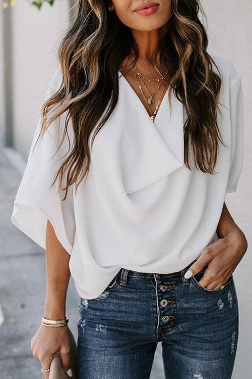 Drape V Neck Bell Sleeve Blouse