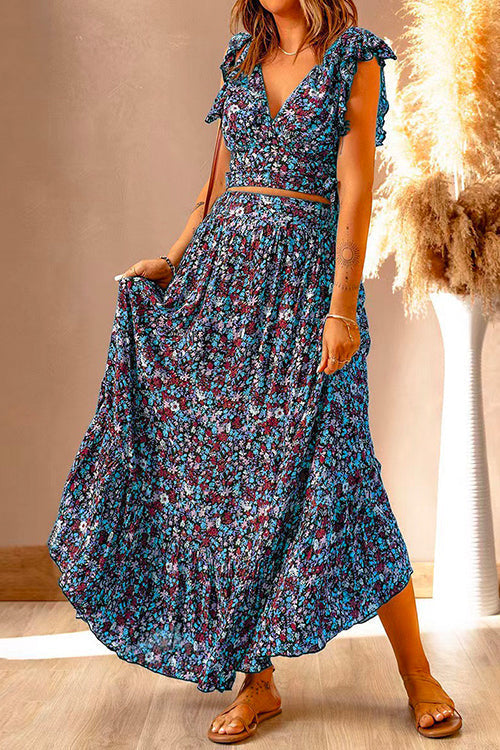 V Neck Ruffle Crop Top High Waist Maxi Skirt Floral Set