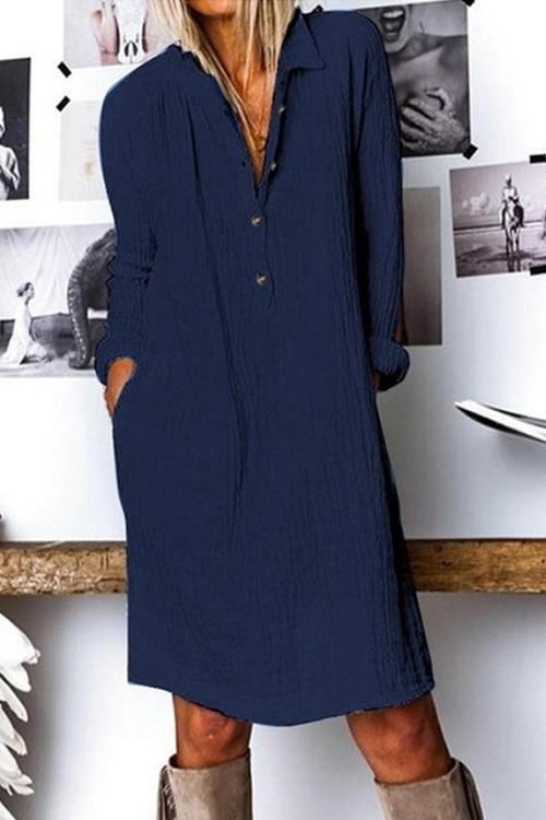 Linen Button Pockets Long Sleeve Dress