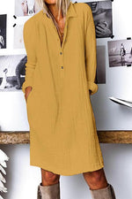 Linen Button Pockets Long Sleeve Dress