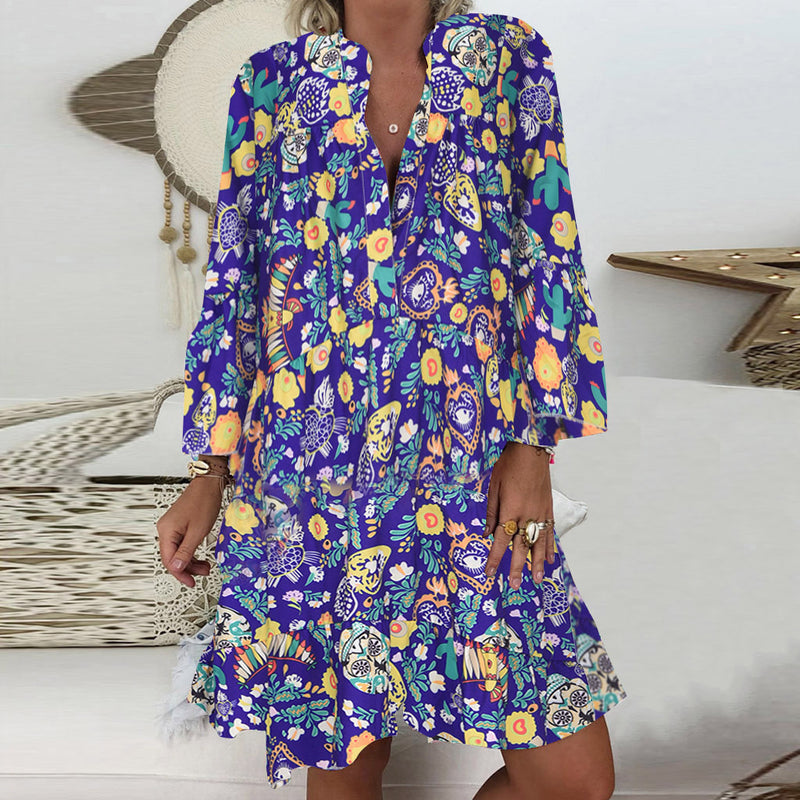 Casual V Neck Oversize Floral Mini Dress