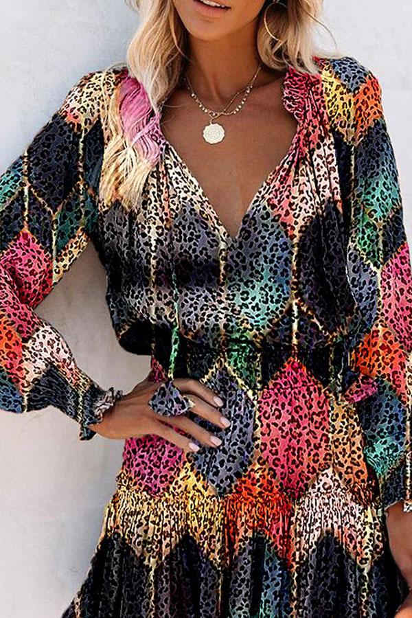 Color Leopard Print Long Sleeve Mini Dress