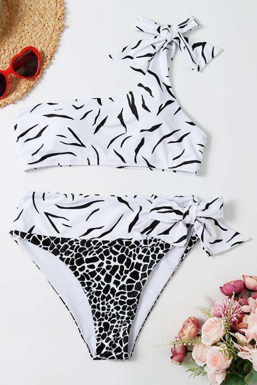 Leopard Bowtie One Shoulder Bikini Set