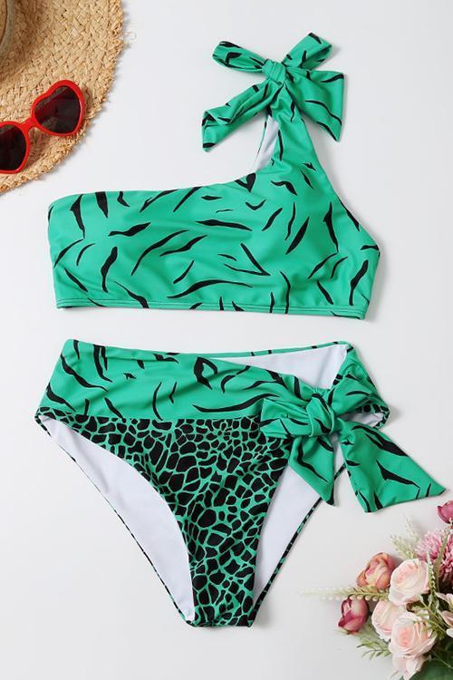 Leopard Bowtie One Shoulder Bikini Set