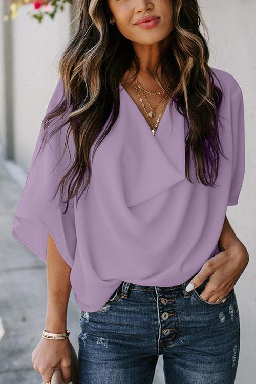 Drape V Neck Bell Sleeve Blouse