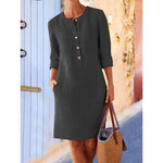 Casual Long Sleeve O-Neck Button Up Midi Dress