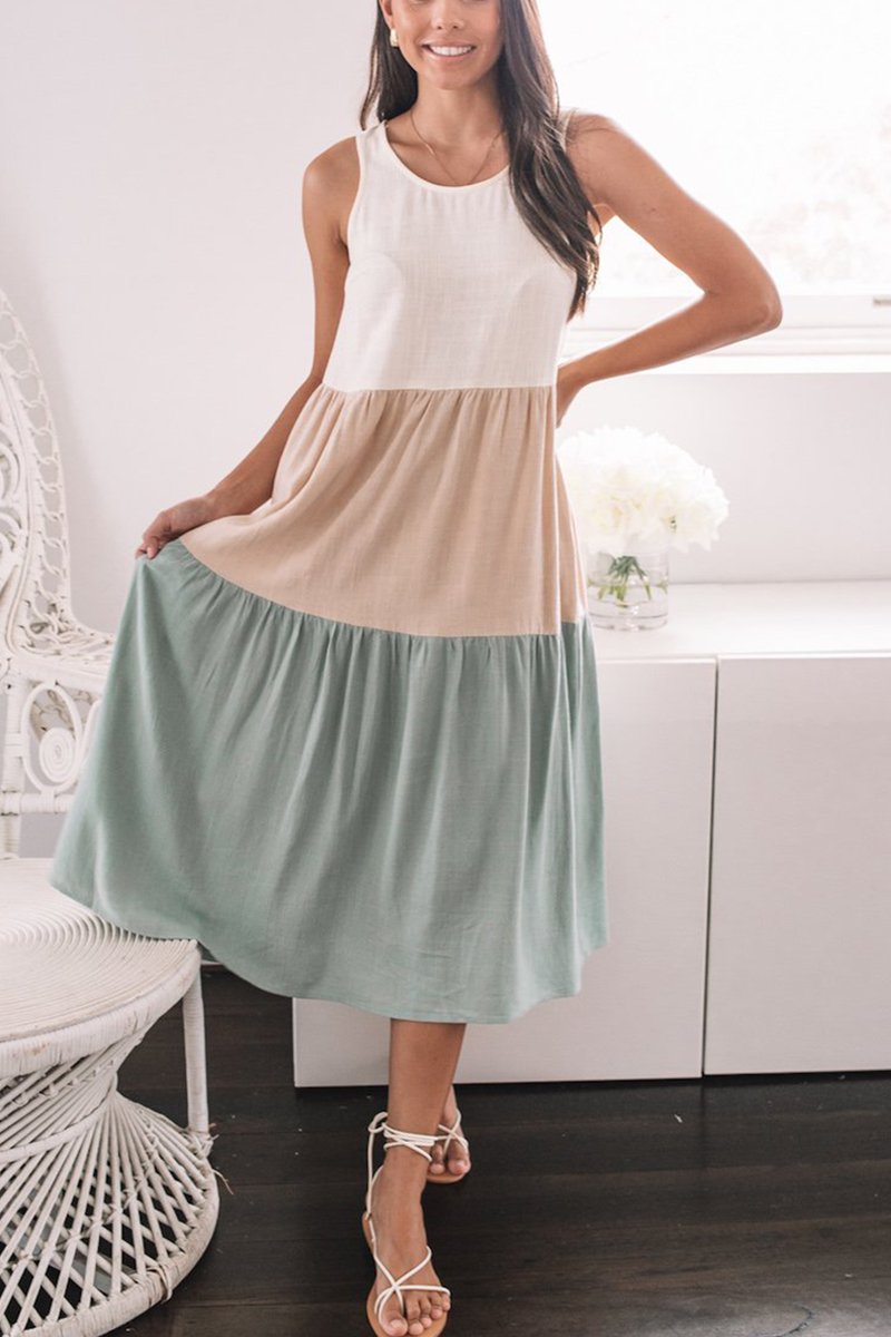 Fashion Casual Sweet Daily Simplicity Color Lump Patchwork Pocket Contrast O Neck Sleeveless Dress Dresses
