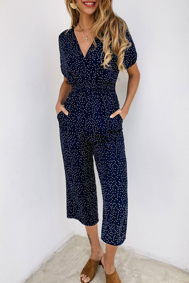 Fashion Casual Dot Patchwork V Neck Loose Jumpsuits